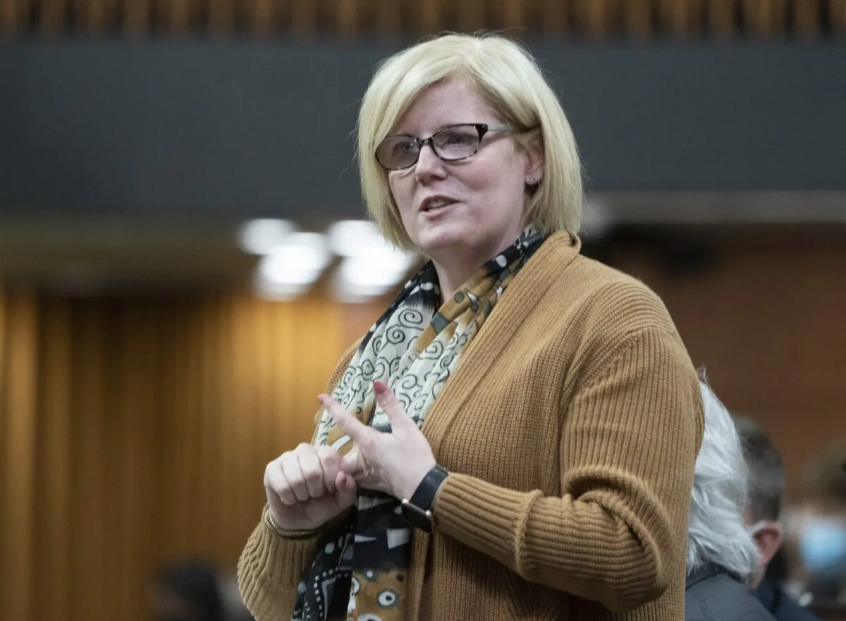 Employment Minister Carla Qualtrough rises during question period in Ottawa on April 4, 2022. (Adrian Wyld/The Canadian Press)
