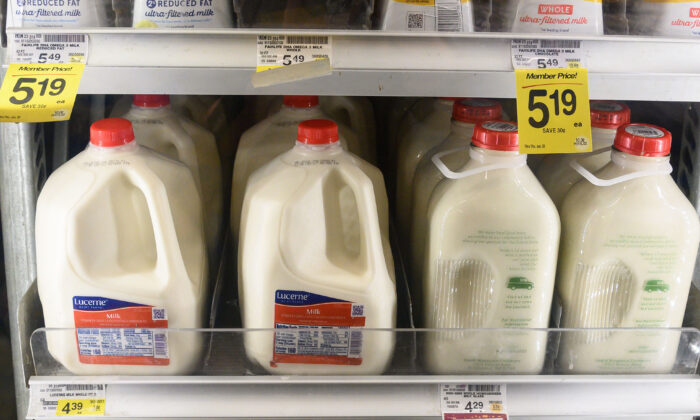 Milk prices are displayed in a supermarket in the District of Columbia on May 26, 2022. (Nicholas Kamm/AFP via Getty Images)