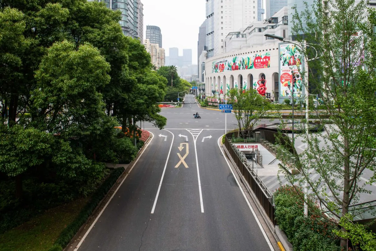 A general view shows a road during a COVID-19 lockdown in the Pudong district of Shanghai on May 30, 2022. (Liu Jun/AFP via Getty Images)