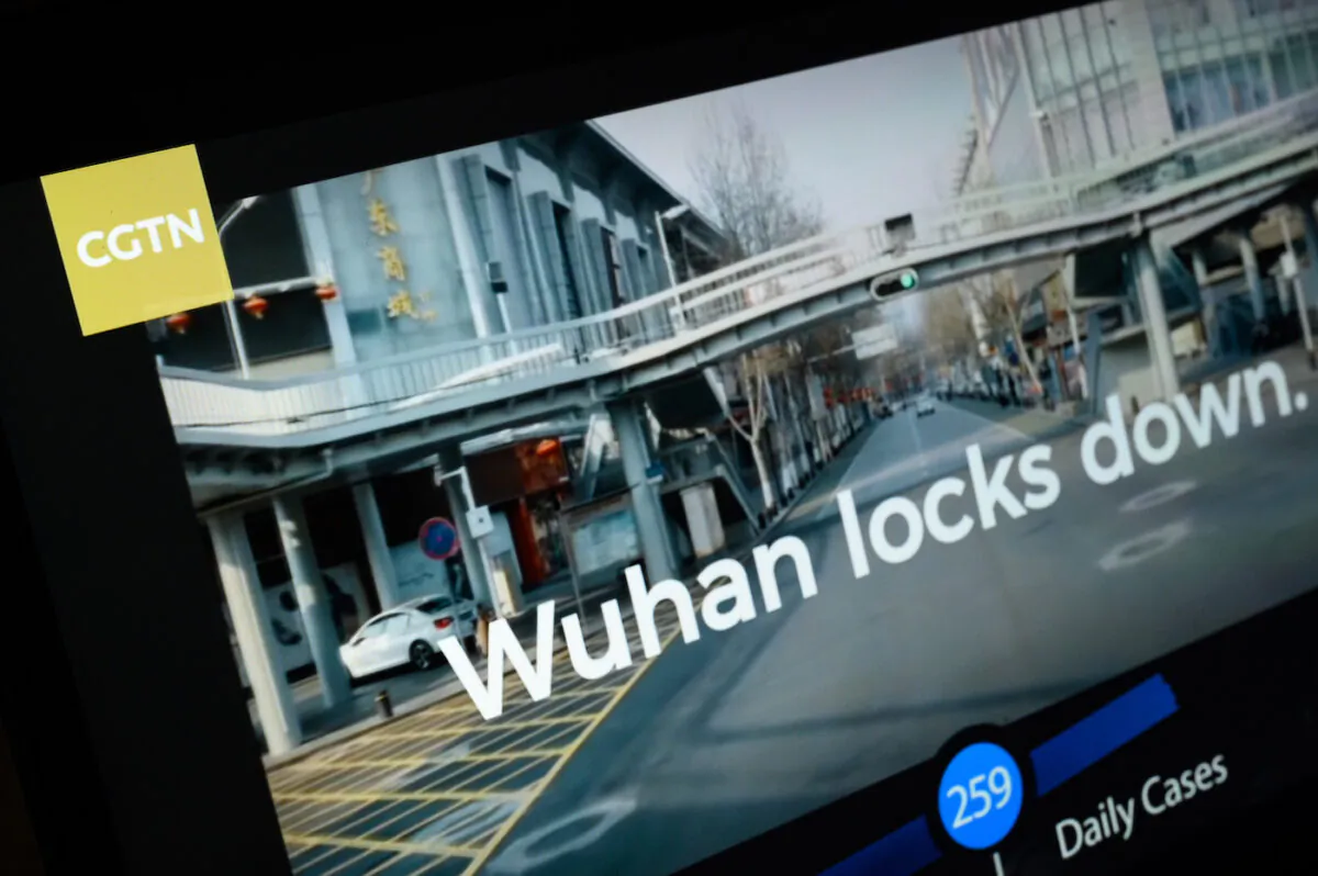 A scene from a programme from the state-run CGTN displayed on a computer monitor in London, England on Feb. 4, 2021. (Leon Neal/Getty Images)