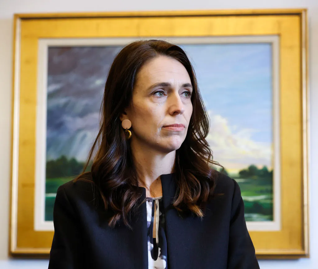 New Zealand Prime Minister Jacinda Ardern listens to Sen. Angus King (I-ME) and Sen. Jon Ossoff (D-GA) talk to reporters before a meeting in the Dirksen Senate Office Building on Capitol Hill in Washington, on May 25, 2022. (Chip Somodevilla/Getty Images)