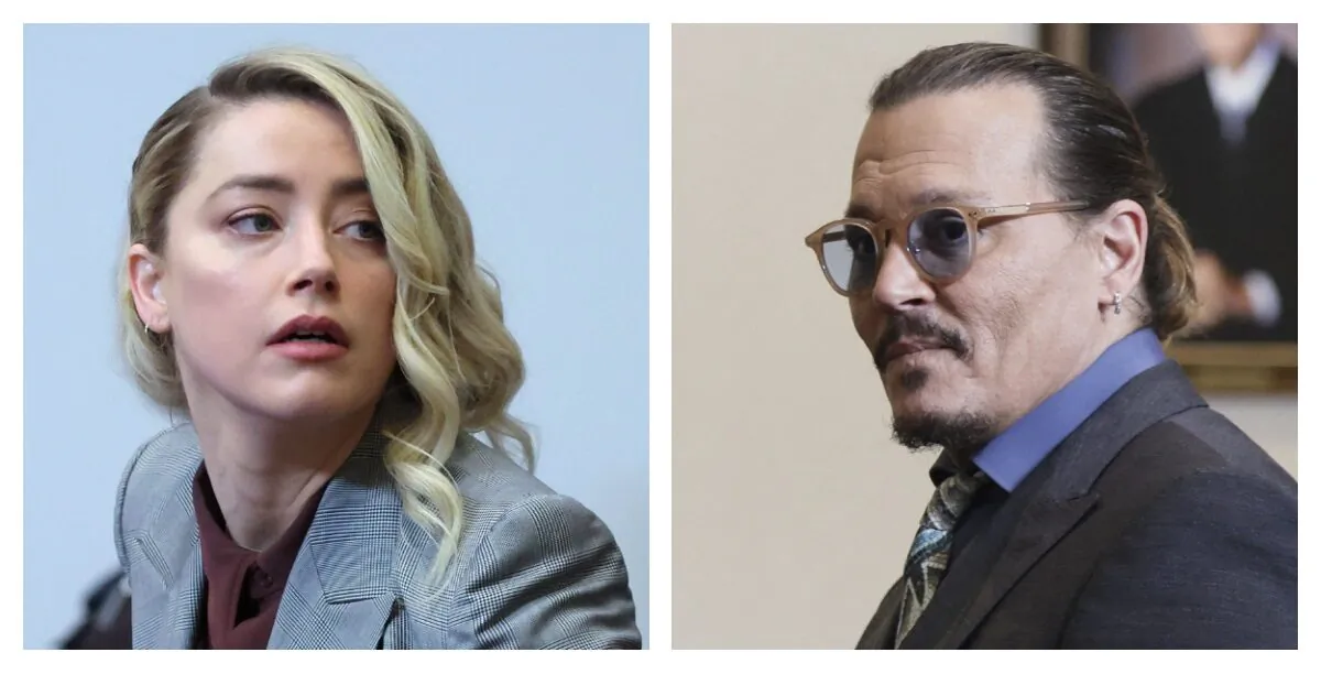 (Left) Actress Amber Heard arrives at the Fairfax County Circuit Courthouse in Fairfax, Va., on May 26, 2022. (Michael Reynolds/Pool/AFP via Getty Images); (Right) Actor Johnny Depp leaves the courtroom at the end of the day of his defamation trial against his ex-wife Amber Heard, at the Fairfax County Circuit Courthouse in Fairfax, Va., on May 25, 2022. (Evelyn Hockstein/Pool/AFP via Getty Images)