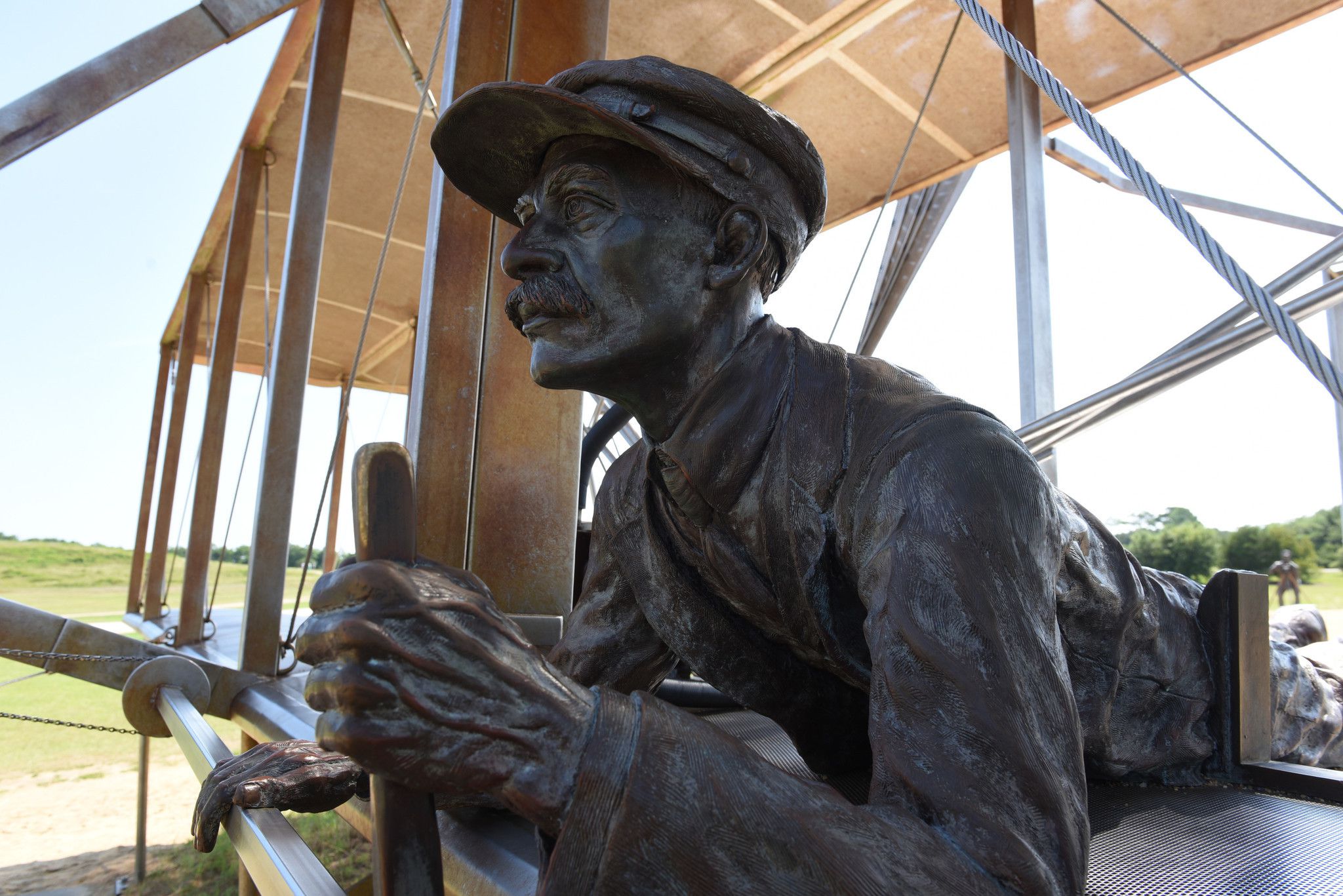 A sculpture of the Wright brothers' first flight is seen at the Wright Brothers National Memorial in Manteo, NC.