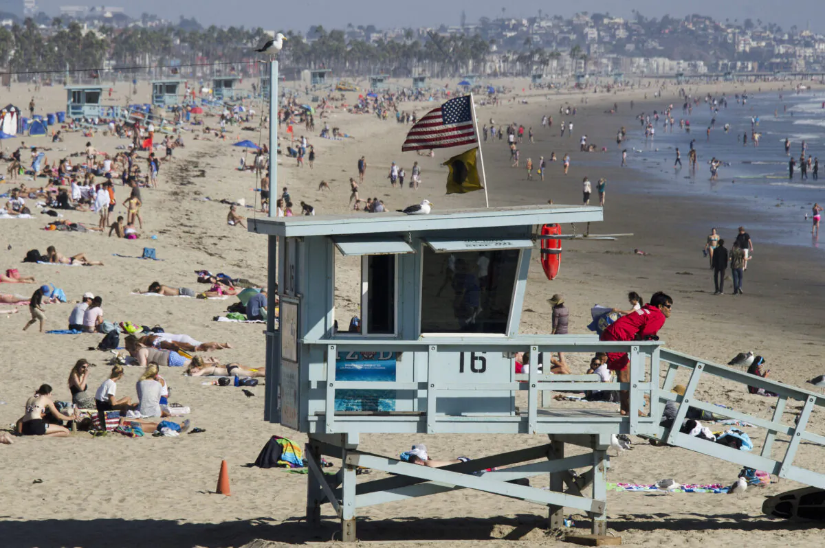 A lifeguard scans his territory near the famous Santa Monica Pier in  Santa Monica, Calif., on Aug. 20, 2013. (Joe Klamar/AFP via Getty Images)