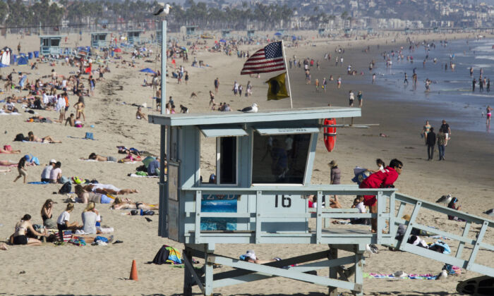 A lifeguard scans his territory near the famous Santa Monica Pier in  California on Aug. 20, 2013. (Joe Klamar/AFP via Getty Images)