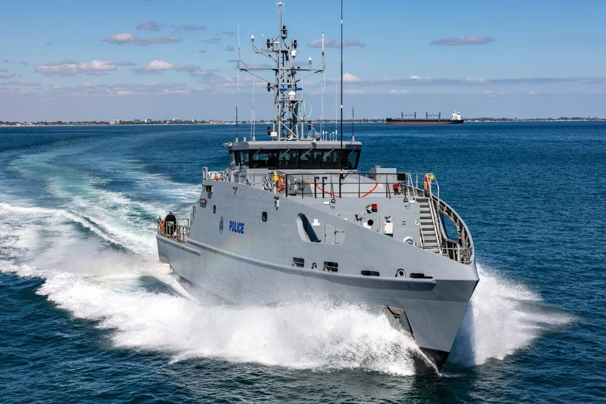 The 15th Guardian-class Patrol Boat manufactured by shipbuilder Austal and delivered to the Australian Department of Defence, which was then gifted to the Cook Islands government and named the "Te Kukupa II." (Courtesy of Austal Australia)