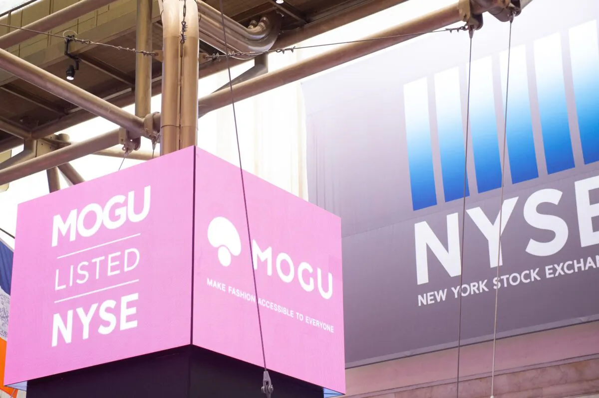 Chinese fashion portal MOGU is listed during the IPO at the opening bell of the Dow Industrial Average at the New York Stock Exchange on Dec. 6, 2018 in New York. (Bryan R. Smith/AFP via Getty Images)