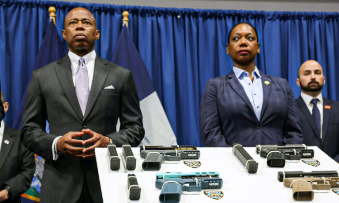New York City Mayor Eric Adams and New York City Police Commissioner Keechant Sewell attend a news conference with New York Attorney General Letitia James and others to announce a new lawsuit against "ghost gun" distributors in New York City, on June 29, 2022. (Spencer Platt/Getty Images)