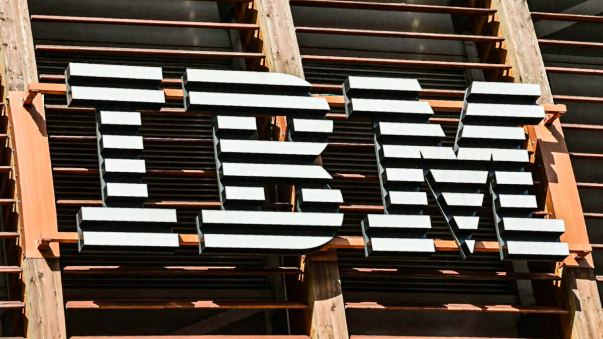 The IBM logo in the Garibaldi-Porta Nuova modern district of Milan, on June 22, 2021. (Miguel Medina/AFP via Getty Images)