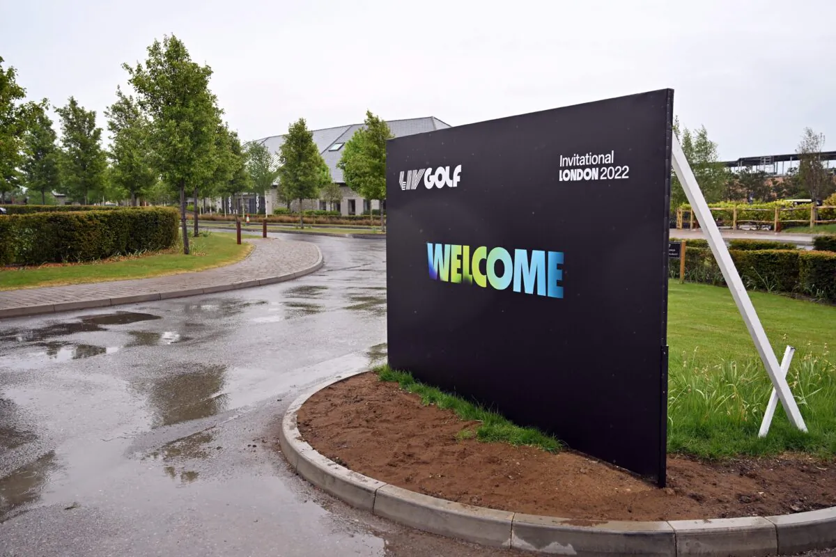 Branding for the forthcoming LIV Golf event, is pictured during a media day for the event, at The Centurion Club in St Albans, north of London, on May 11, 2022. (Glyn Kirk/AFP via Getty Images)