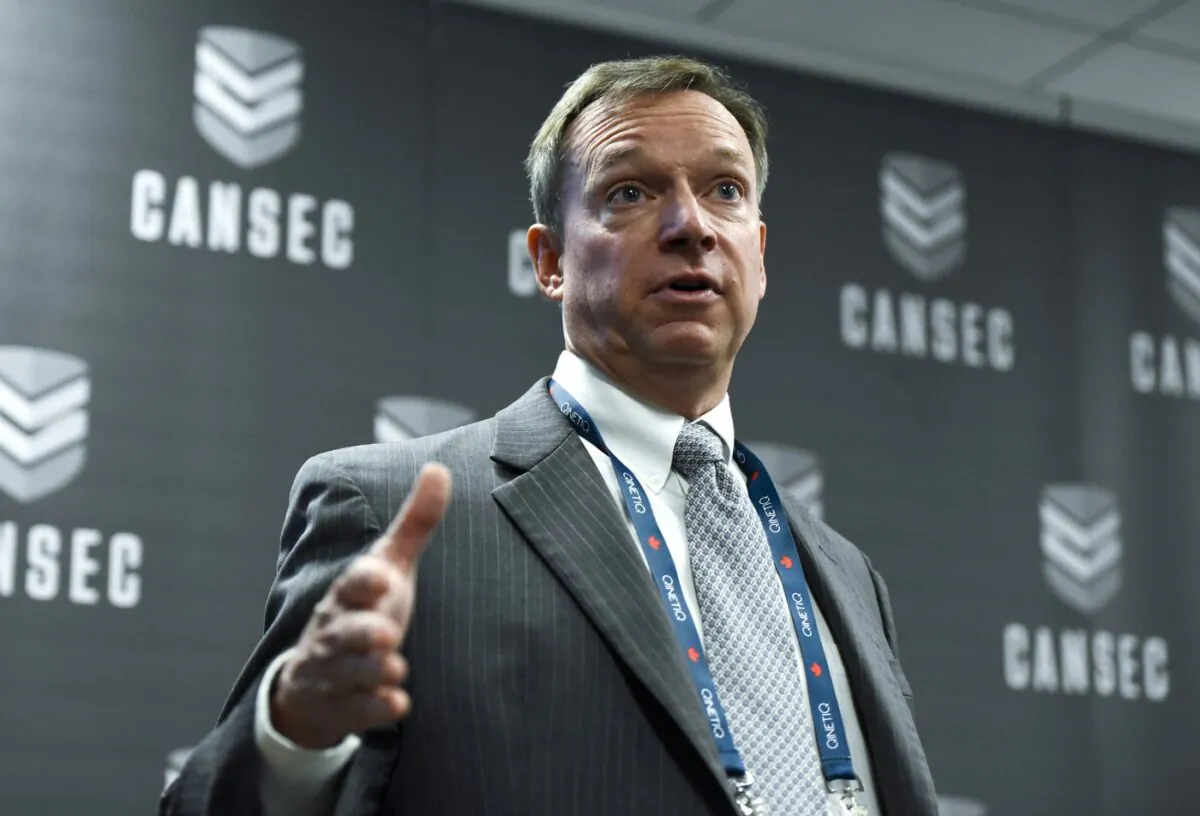 Kevin Mooney, president of Irving Shipbuilding, speaks during a news conference at the CANSEC trade show, billed as North America’s largest multi-service defence event, in Ottawa, on June 1, 2022. (The Canadian Press/Justin Tang)