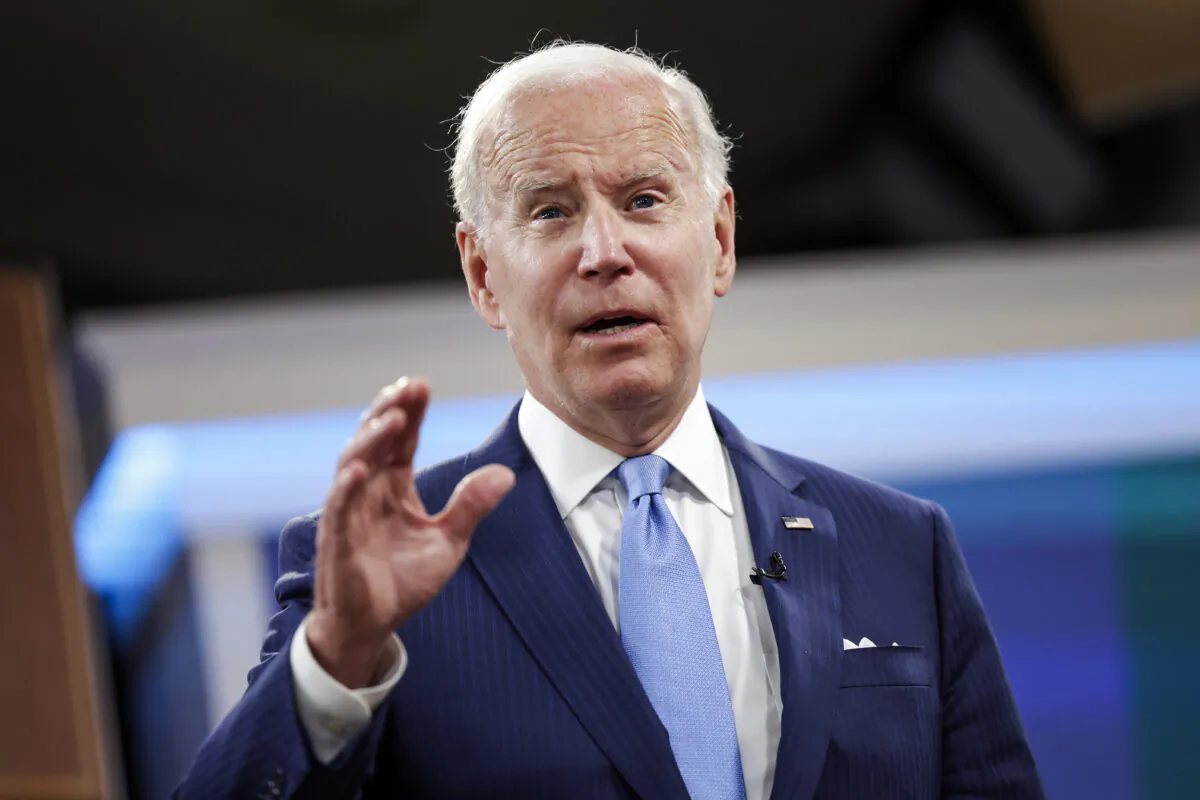President Joe Biden speaks after meeting virtually with baby formula manufacturers at the Eisenhower Executive Office Building in Washington on June 1, 2022. (Kevin Dietsch/Getty Images)