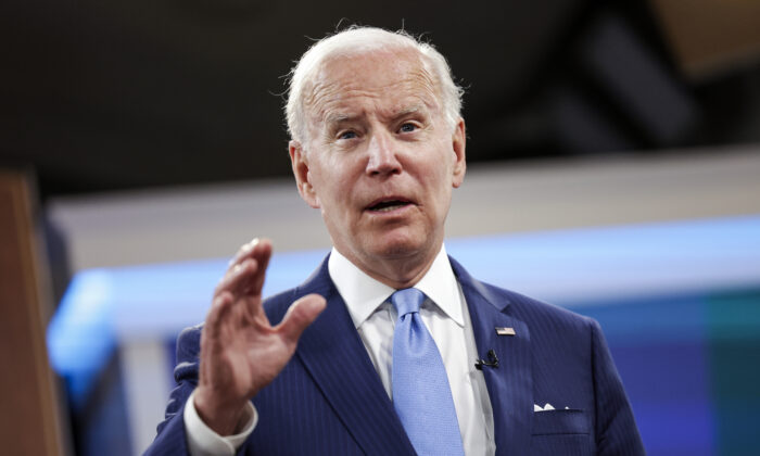 President Joe Biden speaks after meeting virtually with baby formula manufacturers at the Eisenhower Executive Office Building in Washington on June 1, 2022. (Kevin Dietsch/Getty Images)