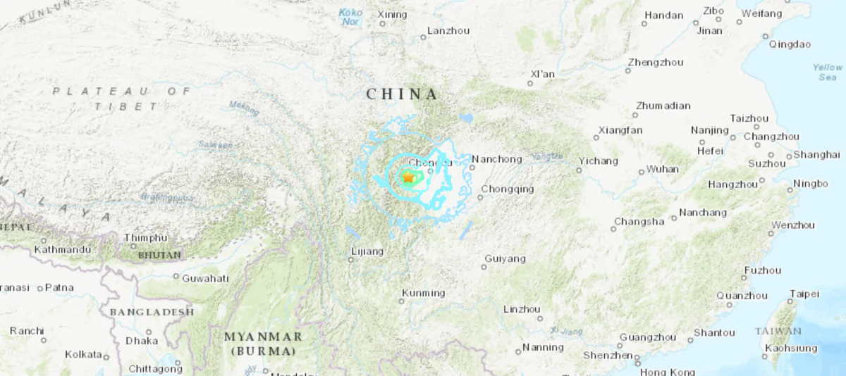 A map showing the location of an earthquake of magnitude 6.1 that struck the southwestern Chinese Province of Sichuan, China, on June 1, 2022. (USGS/screenshot via The Epoch Times)