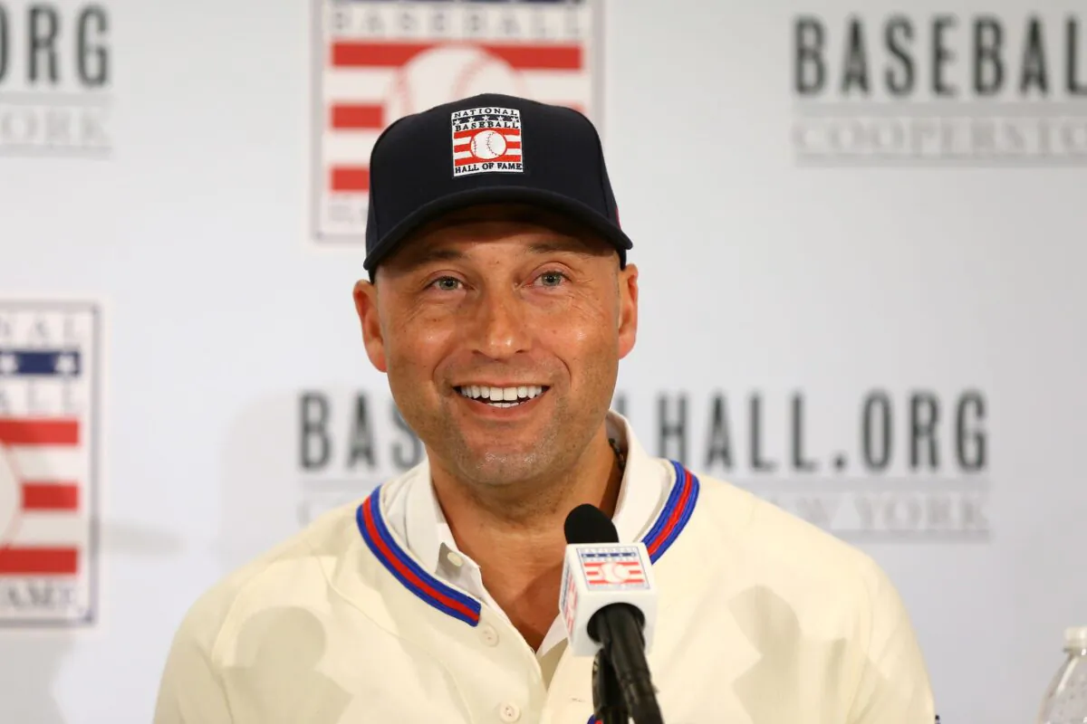 Derek Jeter speaks to the media after being elected into the National Baseball Hall of Fame Class of 2020 at the St. Regis Hotel in New York on Jan. 22, 2020. (Mike Stobe/Getty Images)