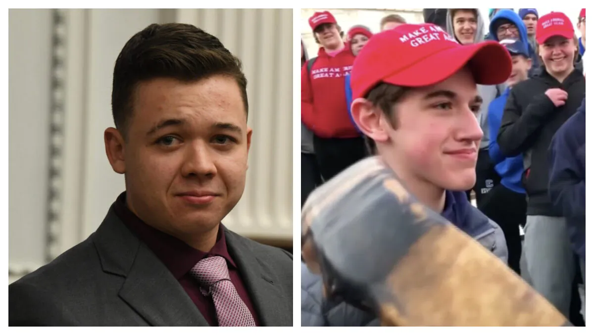 Kyle Rittenhouse looks on after a break during his trial in Kenosha, Wis., on Nov. 9, 2021. Nick Sandmann from Covington Catholic High School stands in front of Native American activist Nathan Phillips while the latter bangs a drum in his face in Washington on Jan. 18, 2019. (Kaya Taitano via Reuters; Mark Hertzberg/Pool/Getty Images)