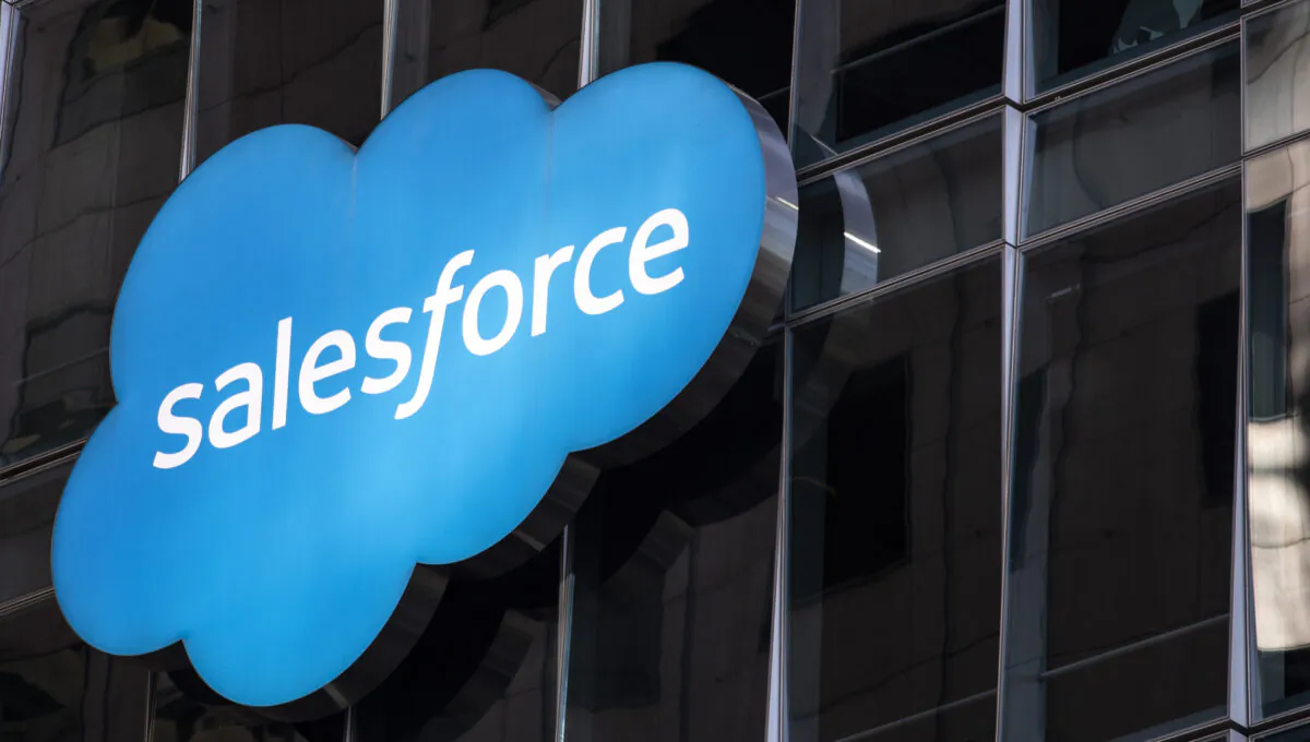 The Salesforce logo is seen at its headquarters in San Francisco, Calif., on Dec. 1, 2020. (Stephen Lam/Getty Images)