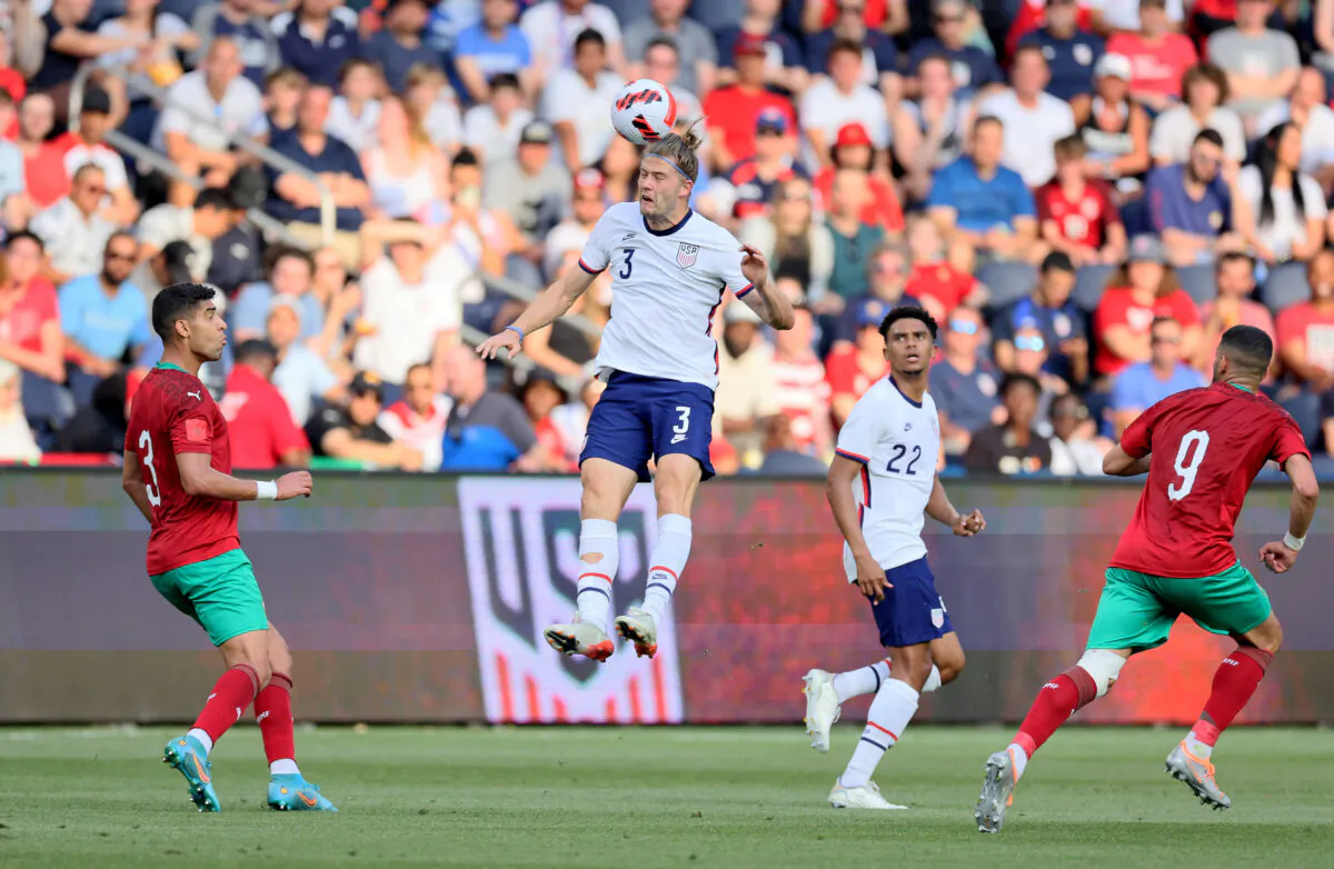 Walker Zimmerman #3 of the United States rises for a header against Morocco, at TQL Stadium, in Cincinnati, on June 1, 2022. (Andy Lyons/Getty Images)