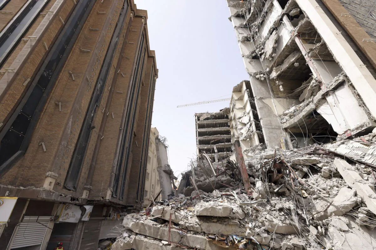 Ruins of a collapsed under-construction tower at the Metropol Building in Abadan, Iran on May 27, 2022. (Iranian Senior Vice-President Office via AP)