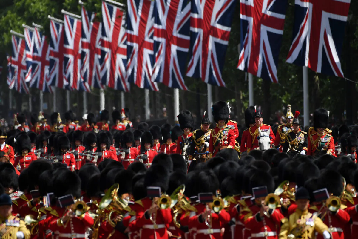 Prince William, Princess Anne, and Prince Charles ride horseback during the Trooping the Colour parade at Buckingham Palace in London, on June 2, 2022. (Chris J Ratcliffe /Getty Images)