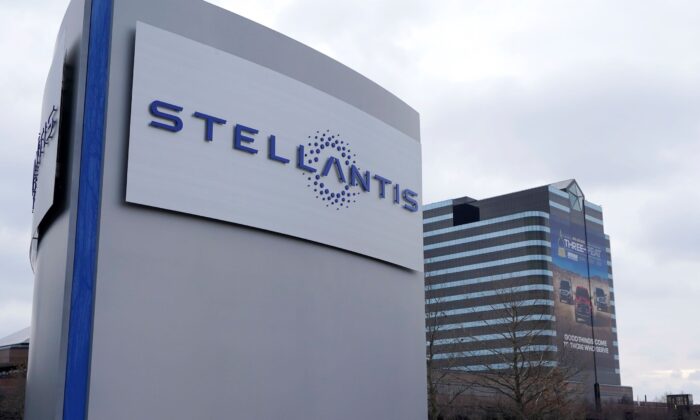 The Stellantis sign outside the Chrysler Technology Center, in Auburn Hills, Mich. on Jan. 19, 2021. (Carlos Osorio/AP Photo)