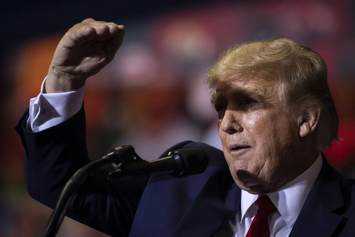 Former President Donald Trump speaks at a rally in Casper, Wyo., on May 28, 2022. The rally was held to support Harriet Hageman, Rep. Liz Cheney’s primary challenger in Wyoming. (Chet Strange/Getty Images)