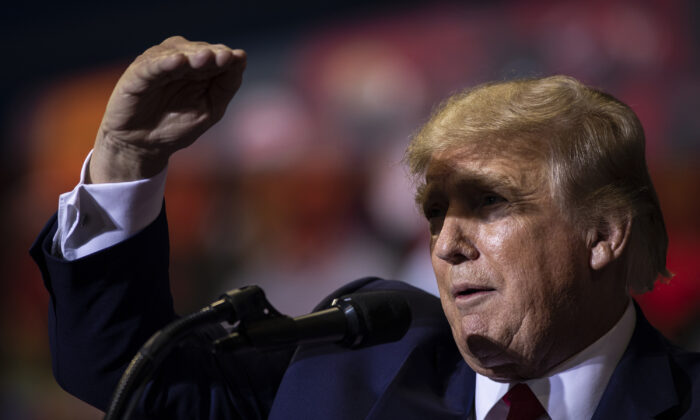 Former President Donald Trump speaks at a rally in Casper, Wyo., on May 28, 2022. The rally was held to support Harriet Hageman, Rep. Liz Cheney’s primary challenger in Wyoming. (Chet Strange/Getty Images)