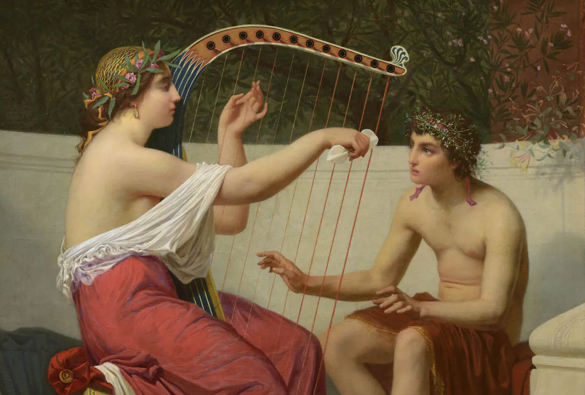 Cropped Section of “Calliope Teaching Orpheus,” 1865, by Auguste Alexandre Hirsch. Oil on canvas; 39.3 inches by 40.9 inches. Musée d'art et d'archéologie du Périgord, Périgueux. (Public Domain)