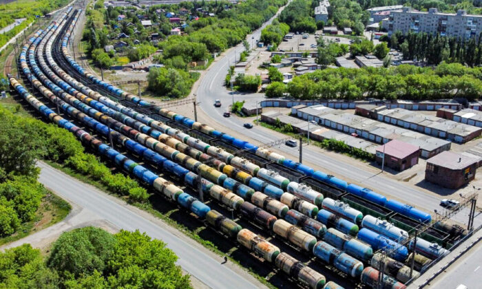 An aerial view shows oil tank cars and railroad freight wagons in Omsk, Russia, on May 24, 2022. Picture taken with a drone. (Alexey Malgavko/Reuters)