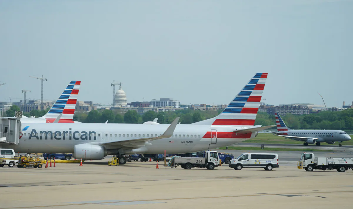 An American Airlines Boeing 737 jet sits at a gate at Washington's Reagan National airport with the U.S. Capitol building in the background on April 29, 2020. (Kevin Lamarque/Reuters)