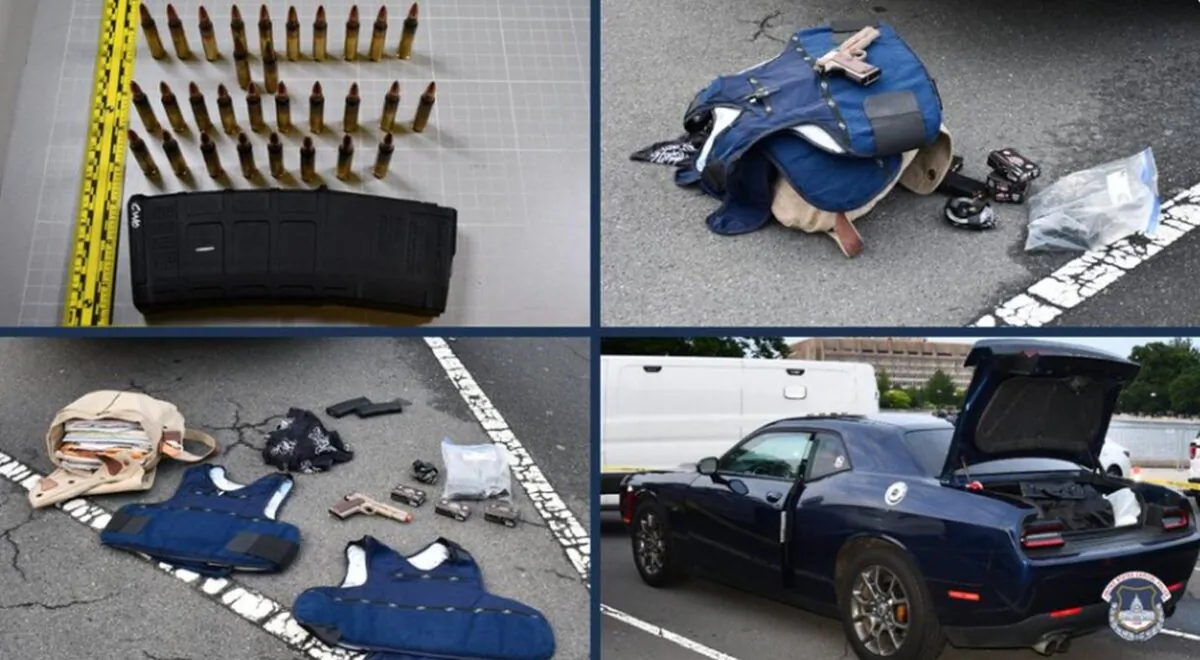 Pictures showing ammunition, body armor, a BB gun, and a Dodge Charger belonging to a man who was arrested outside the Capitol building on June 3, 2022. (US Capitol Police/Twitter)