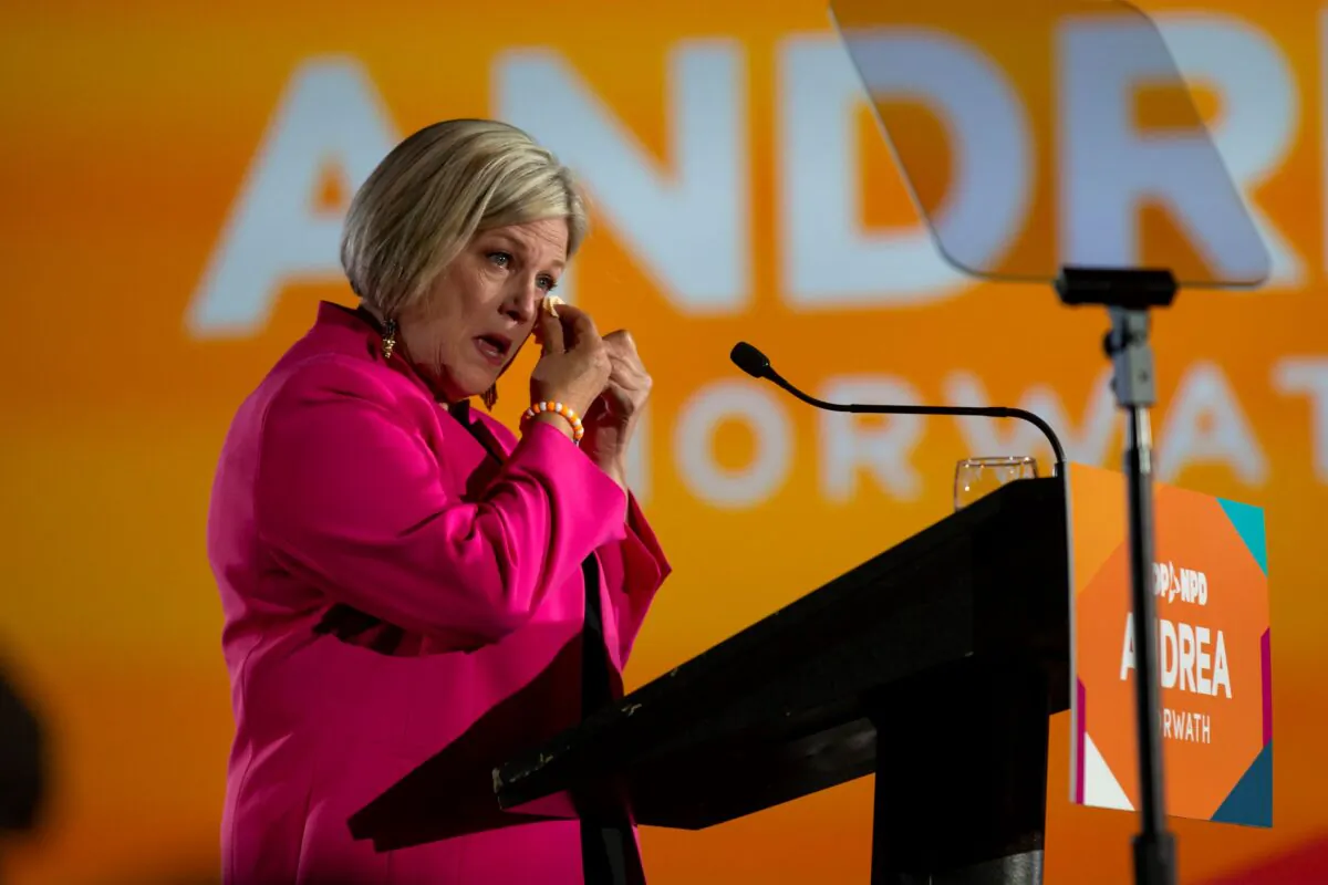 Ontario NDP Leader Andrea Horwath wipes a tear as she announces her resignation as party leader during her campaign event in Hamilton on June 2, 2022. (The Canadian Press/Tara Walton)