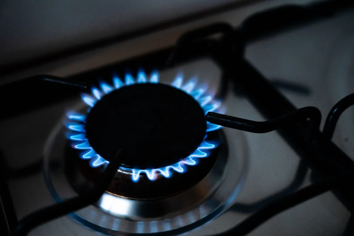 Blue and red gas flames on a kitchen gas stove are pictured on May 16, 2022. (Ida Marie Odgaard/Ritzau Scanpix/AFP via Getty Images)