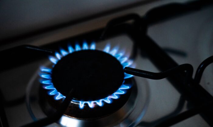 Blue and red gas flames on a kitchen gas stove are pictured on May 16, 2022. (Ida Marie Odgaard/Ritzau Scanpix/AFP via Getty Images)