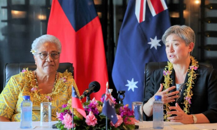 This handout picture released by Australia's Department of Foreign Affairs and Trade on June 2, 2022 shows Australian Minister for Foreign Affairs Penny Wong (R) attending a bilateral meeting with the Prime Minister of Samoa Fiame Naomi Mata'afa in Apia. (Sarah Friend/Courtesy of the Australian Department of Foreign Affairs. (D/AFP via Getty Images)