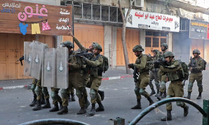 Israeli army soldiers in the city of Hebron in West Bank on May 29, 2022. (Mosab Shawer/AFP via Getty Images)