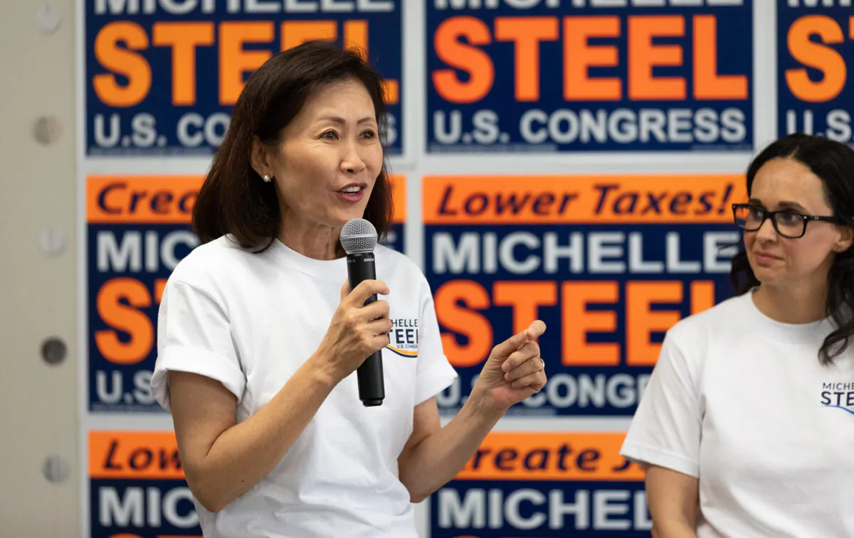 Congresswoman Michelle Steel speaks with a group of team members and supporters in Buena Park, Calif., on June 3, 2022. (John Fredricks/The Epoch Times)