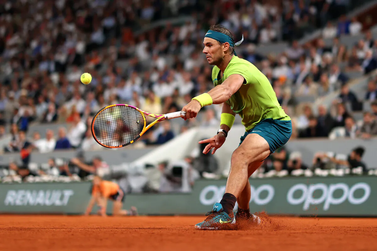 Rafael Nadal of Spain plays a forehand against Alexander Zverev of Germany during the men's singles semifinal match on Day 13 of The 2022 French Open at Roland Garros in Paris, on June 3, 2022. (Ryan Pierse/Getty Images)