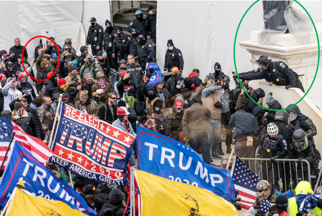 Photo of capitol hill police spraying crowd with pepper gel on Jan. 6, 2021, with Christopher Worrell standing some distance away. (FBI criminal complaint)
