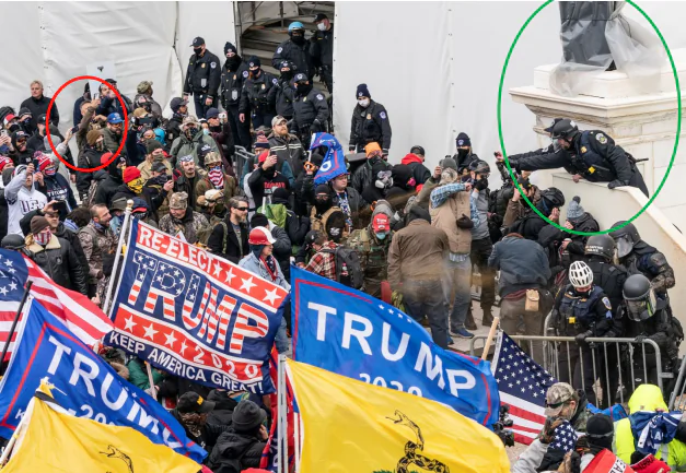 Photo of capitol hill police spraying crowd with pepper gel on Jan. 6, 2021, with Christopher Worrell standing some distance away. (FBI criminal complaint)