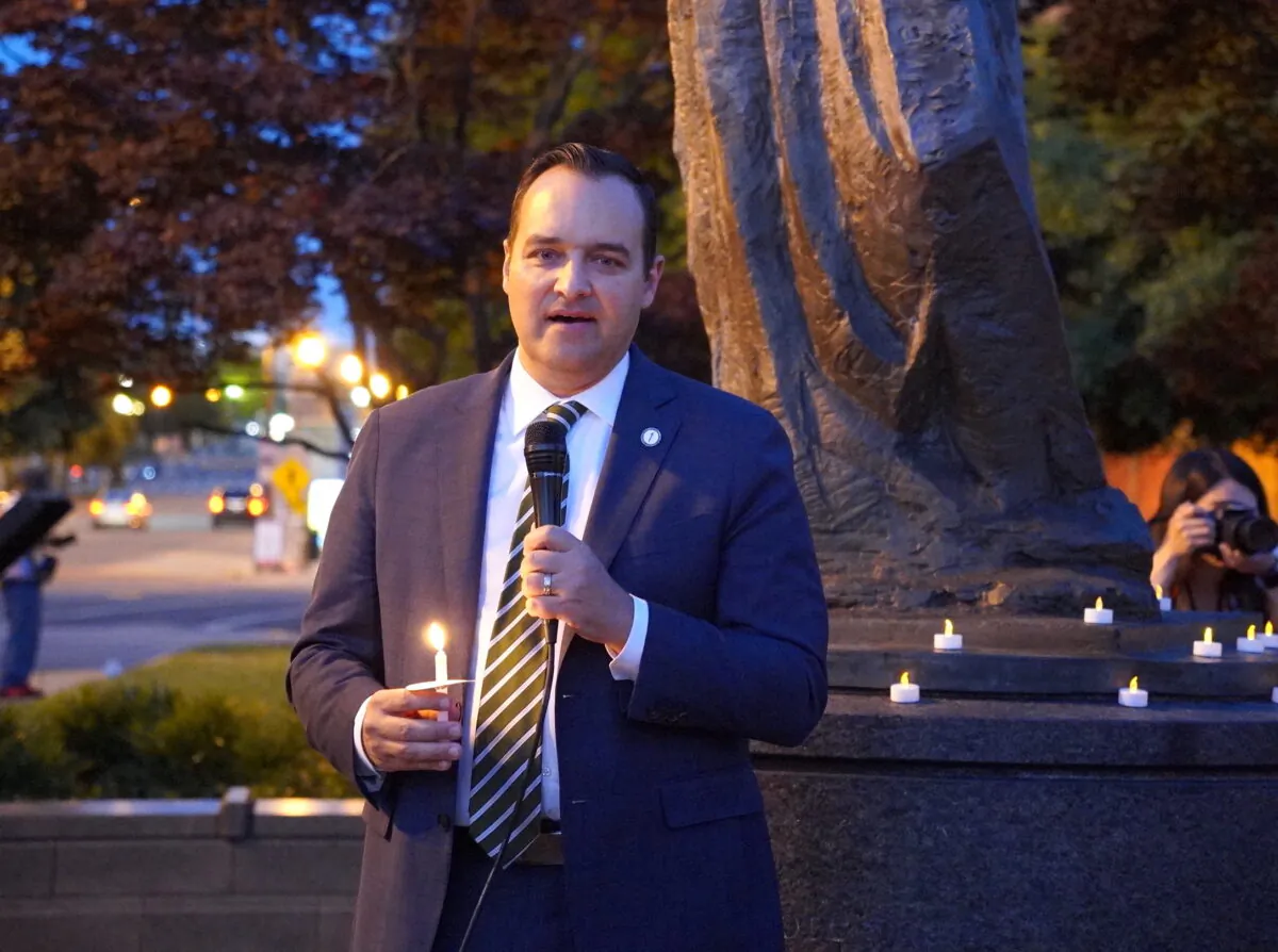 Ambassador Andrew Bremberg, president and chief executive officer of the Victims of Communism Memorial Foundation, at a candlelight vigil mourning the victims of the 1989 Tiananmen Square in Washington D.C., on June 3, 2022. (Terri Wu/The Epoch Times)