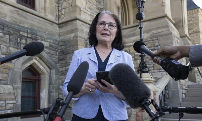 Conservative MP Cathay Wagantall
speaks with reporters outside West Block in the Parliamentary precinct in Ottawa on June 3, 2022. (The Canadian Press/Adrian Wyld)