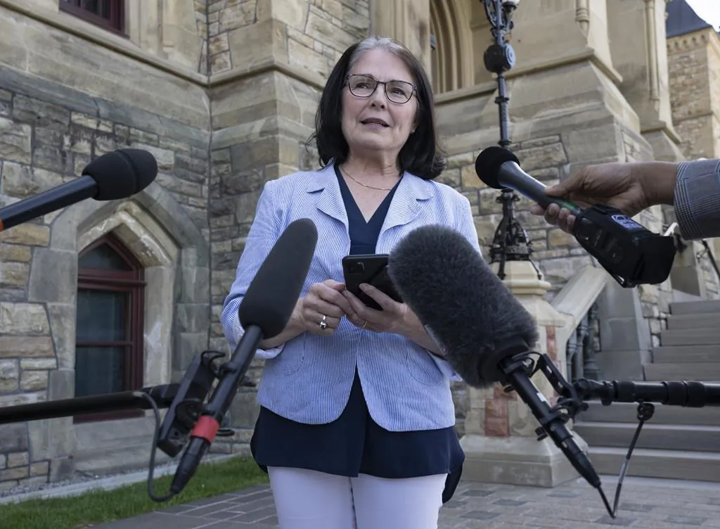 Conservative MP Cathay Wagantall
speaks with reporters outside West Block in the Parliamentary precinct in Ottawa on June 3, 2022. (The Canadian Press/Adrian Wyld)