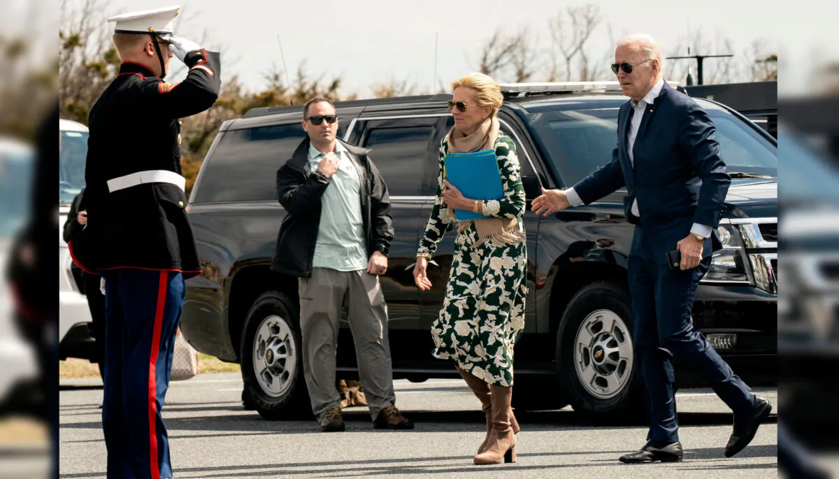 President Joe Biden and First Lady Jill Biden board Marine One at Gordons Pond in Rehoboth Beach, Del., on March 20, 2022. (Stefani Reynolds/AFP via Getty Images)