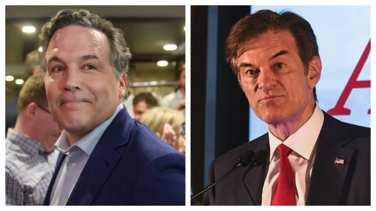 (Left) Pennsylvania Republican Senate candidate Dave McCormick greets supporters at the Indigo Hotel during a primary election night event in Pittsburgh on May 17, 2022. (Jeff Swensen/Getty Images); (Right) Republican Senate candidate Mehmet Oz greets supporters after the primary race resulted in an automatic recount due to close results, in Newtown, Pa., on May 17, 2022. (Stephanie Keith/Getty Images)  