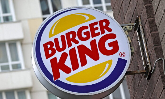 A Burger King logo outside a restaurant in Moscow on June 3, 2022. (Evgenia Novozhenina/Reuters)