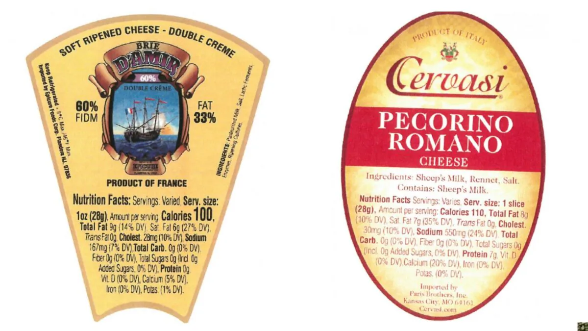 Two of the cheeses recalled by Kansas City-based company Paris Brothers Inc. due to contamination concerns. (Courtesy of U.S. Food and Drug Administration)