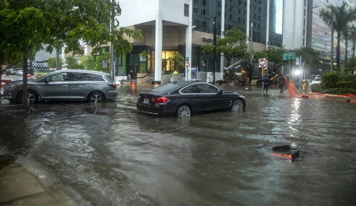 Rainfall from Tropical Storm Alex floods the Brickell area near downtown Miami on June 4, 2022. (Pedro Portal/Miami Herald via AP)
