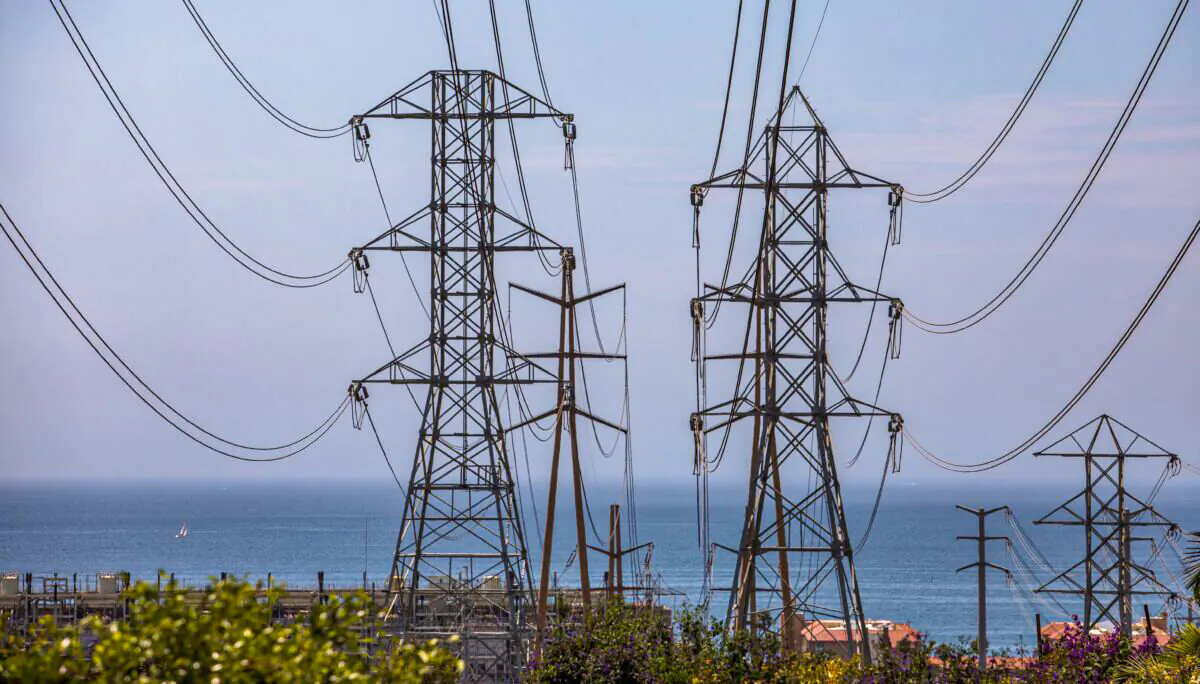 High tension towers are seen in Redondo Beach, Calif., on Aug. 16, 2020. (Apu Gomes/AFP via Getty Images)
