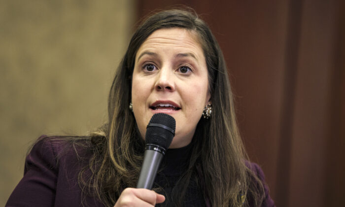 House Republican Conference Chairman Rep. Elise Stefanik (R-N.Y.) speaks during a town hall event in Washington, on March 1, 2022. (Samuel Corum/Getty Images)